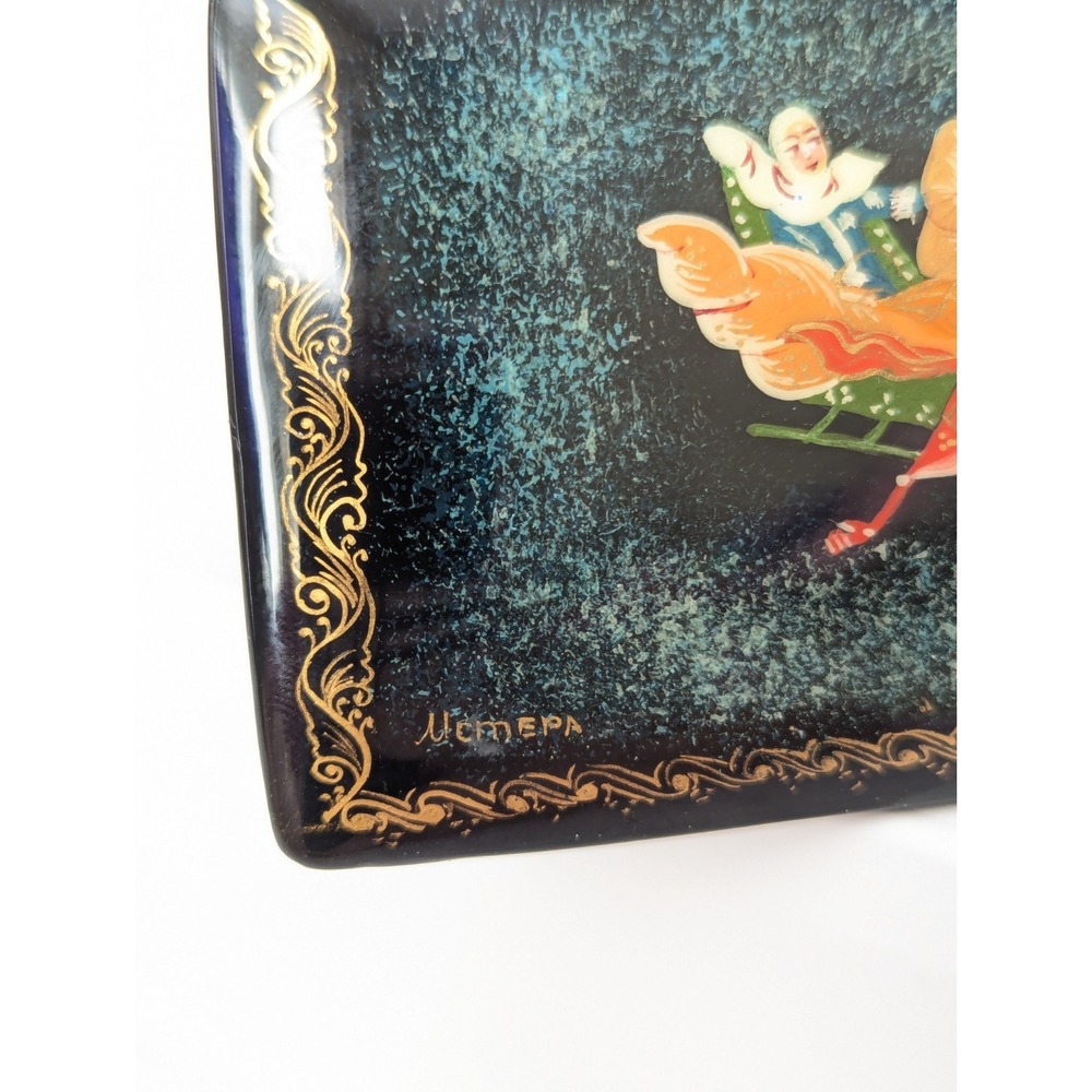 Vtg Handpainted Russian Trinket Box Lacquer Mstera Signed Horses Troika Sleigh - Picture 5 of 16